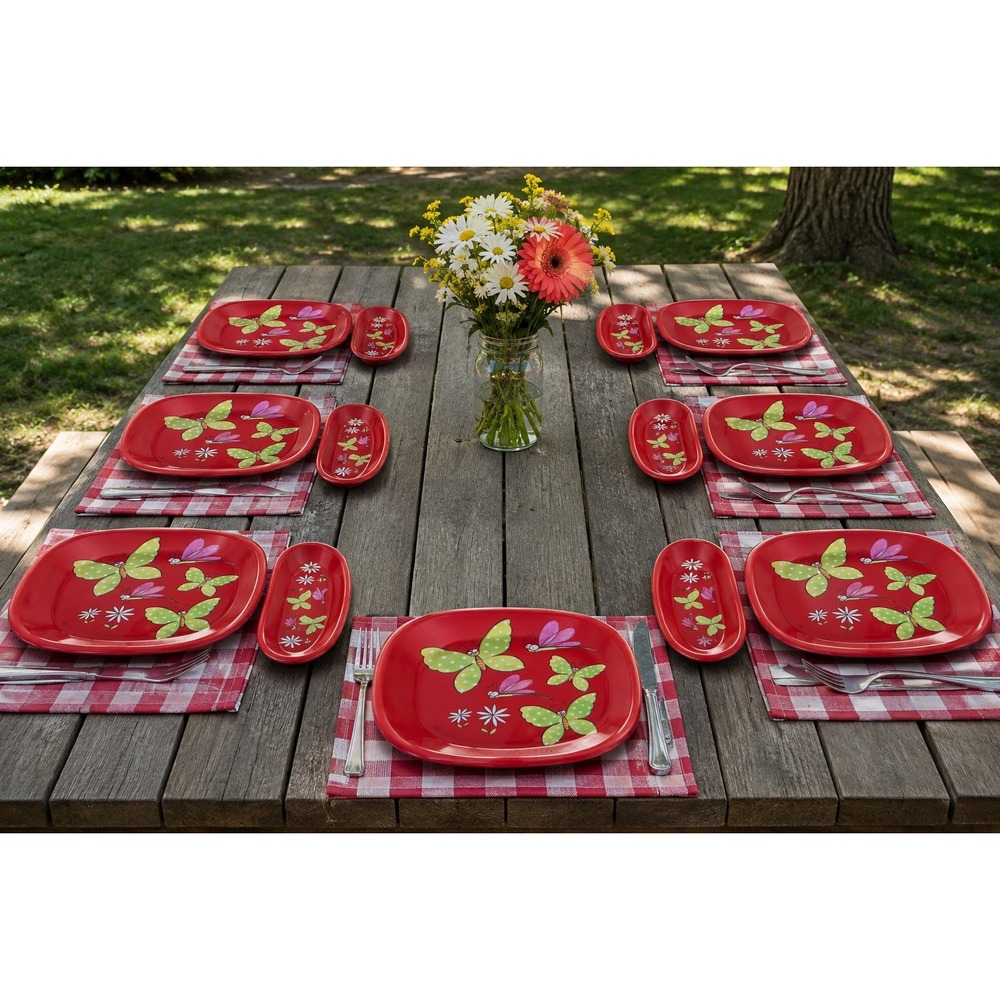 7 Place Setting Reusable Hamburger Hot Dog Plate Set Butterfly‎ Dragonfly Picnic